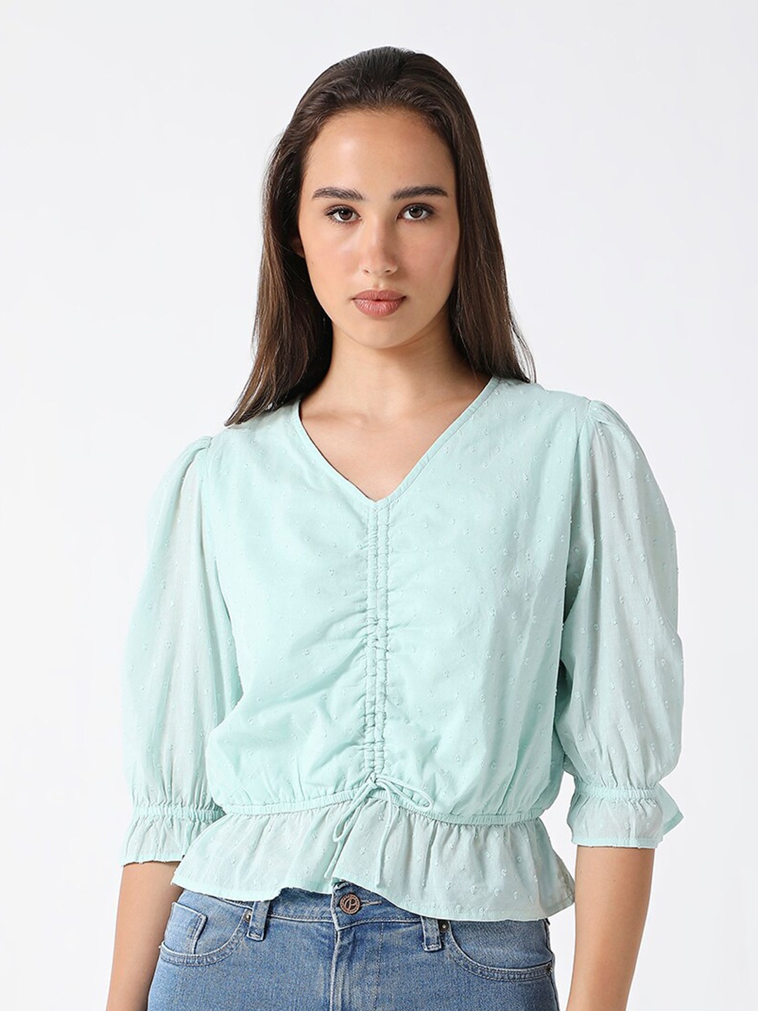 

Pepe Jeans Self Design Puff Sleeve Cotton Ruched Pure Cotton Cinched Waist Top, Green