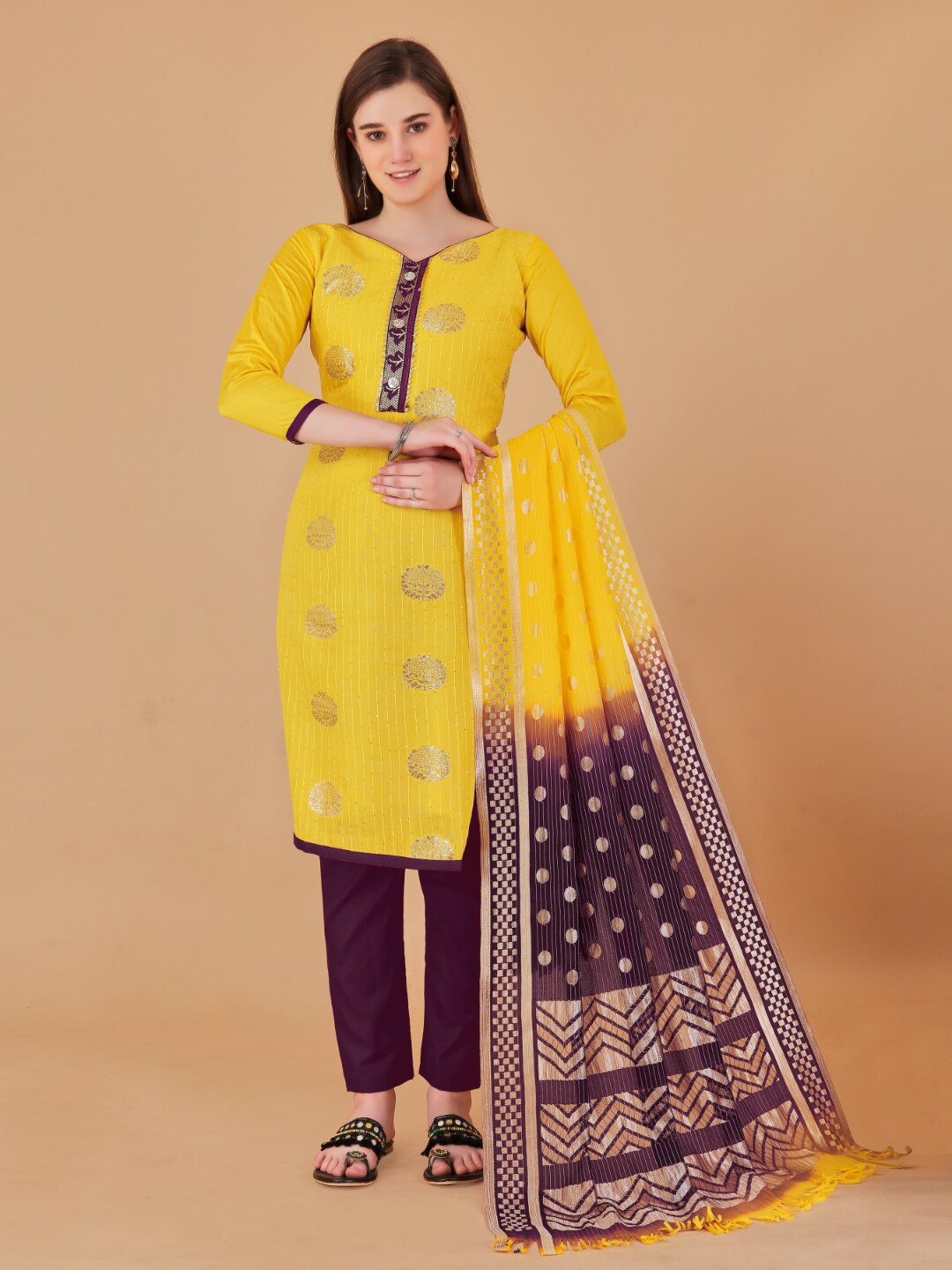 

Angroop Jacquard Zari Work Unstitched Dress Material, Yellow