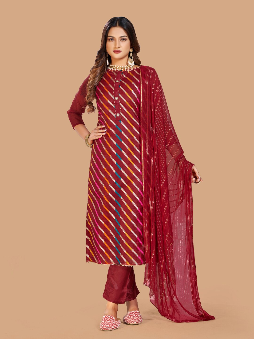 

Angroop Lahariya Jacquard Organza Unstitched Dress Material, Red