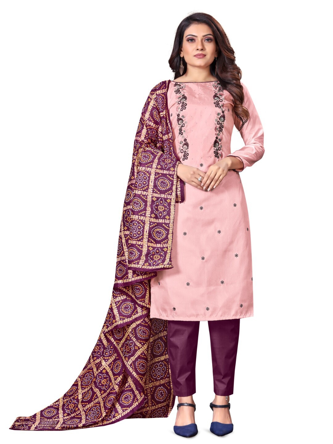 

Angroop Floral Embroidered Art Silk Unstitched Dress Material, Pink