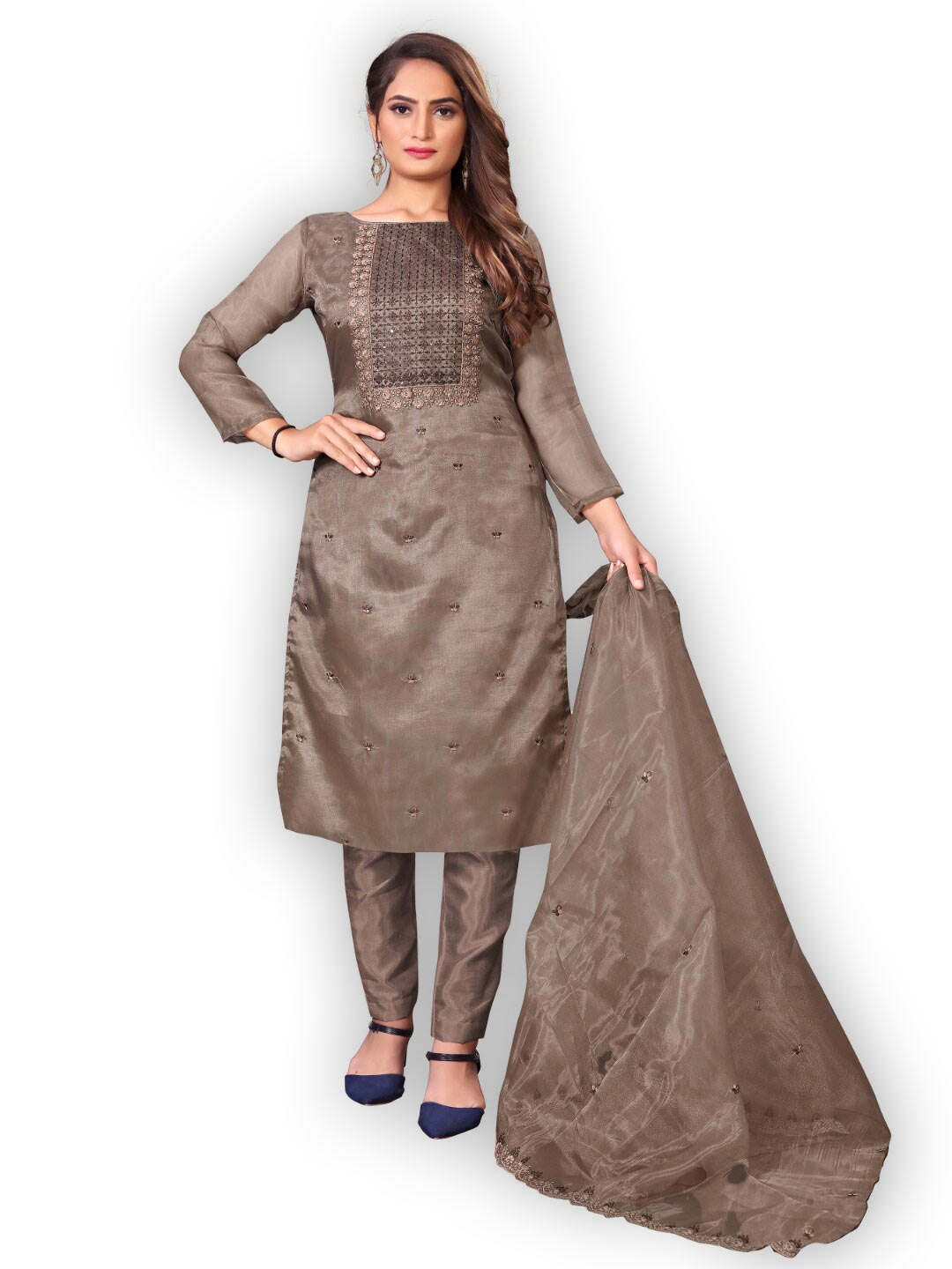 

Angroop Embroidered Organza Unstitched Dress Material, Brown