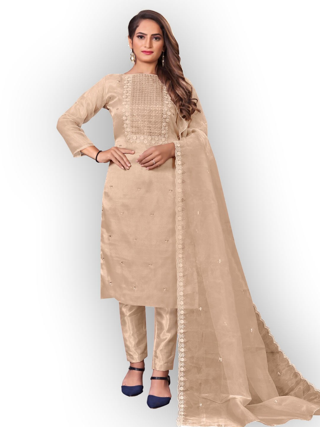 

Angroop Embroidered Organza Unstitched Dress Material, Cream