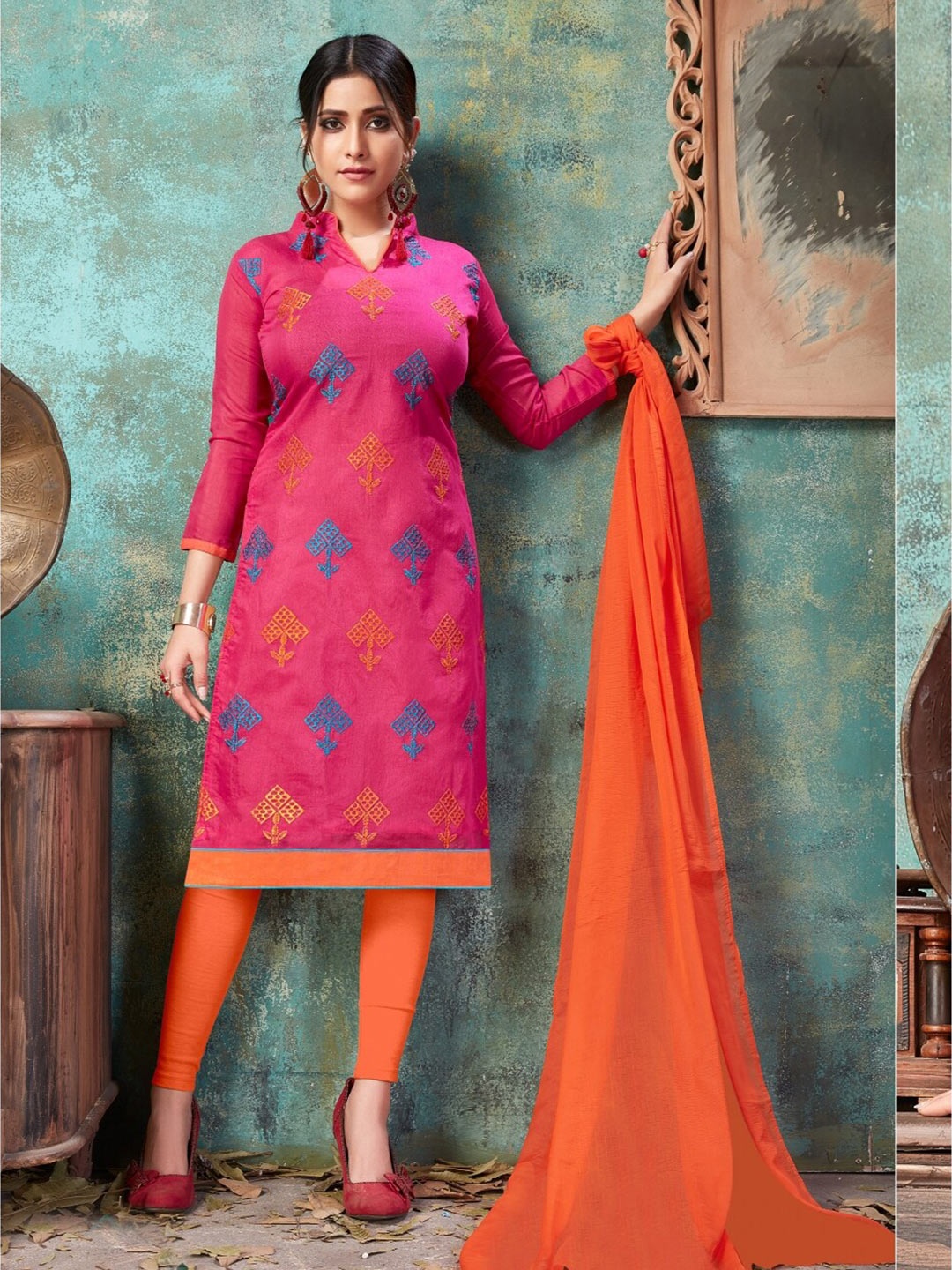 

Angroop Ethnic Motifs Unstitched Dress Material, Pink
