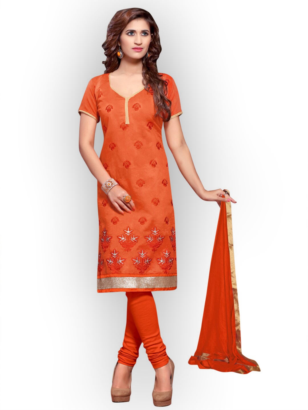 

Angroop Floral Embroidered Chanderi Cotton Unstitched Dress Material, Orange