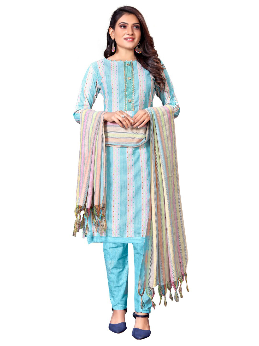

Angroop Striped Pure Cotton Unstitched Dress Material, Blue