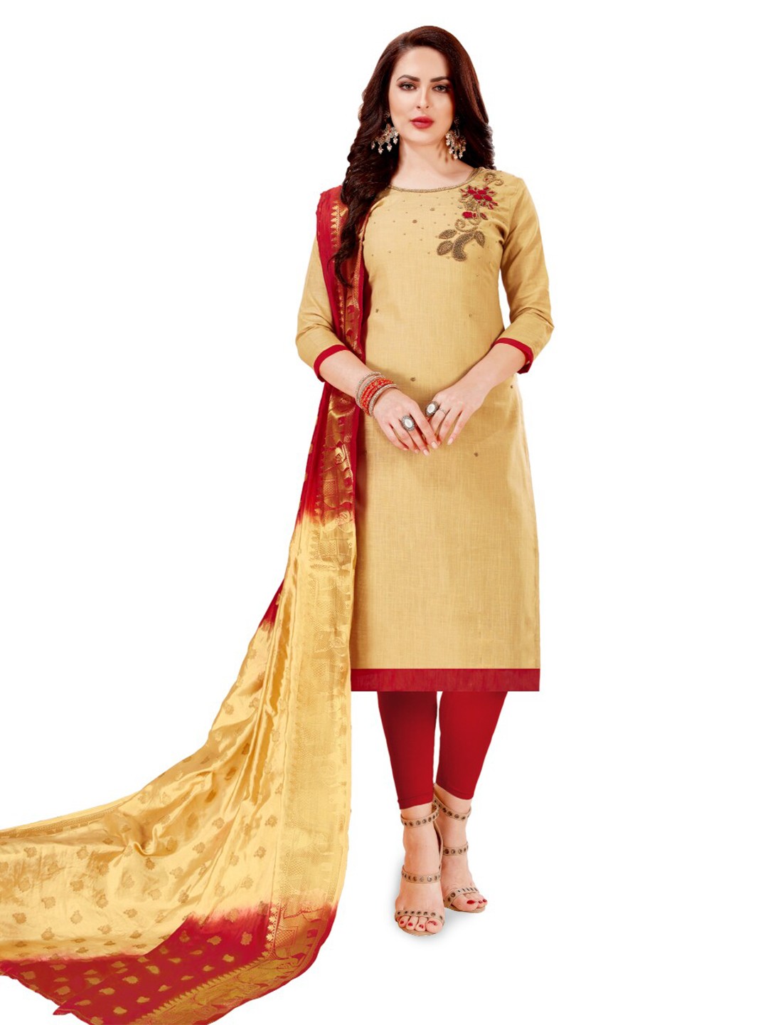 

Angroop Embellished Unstitched Dress Material, Cream