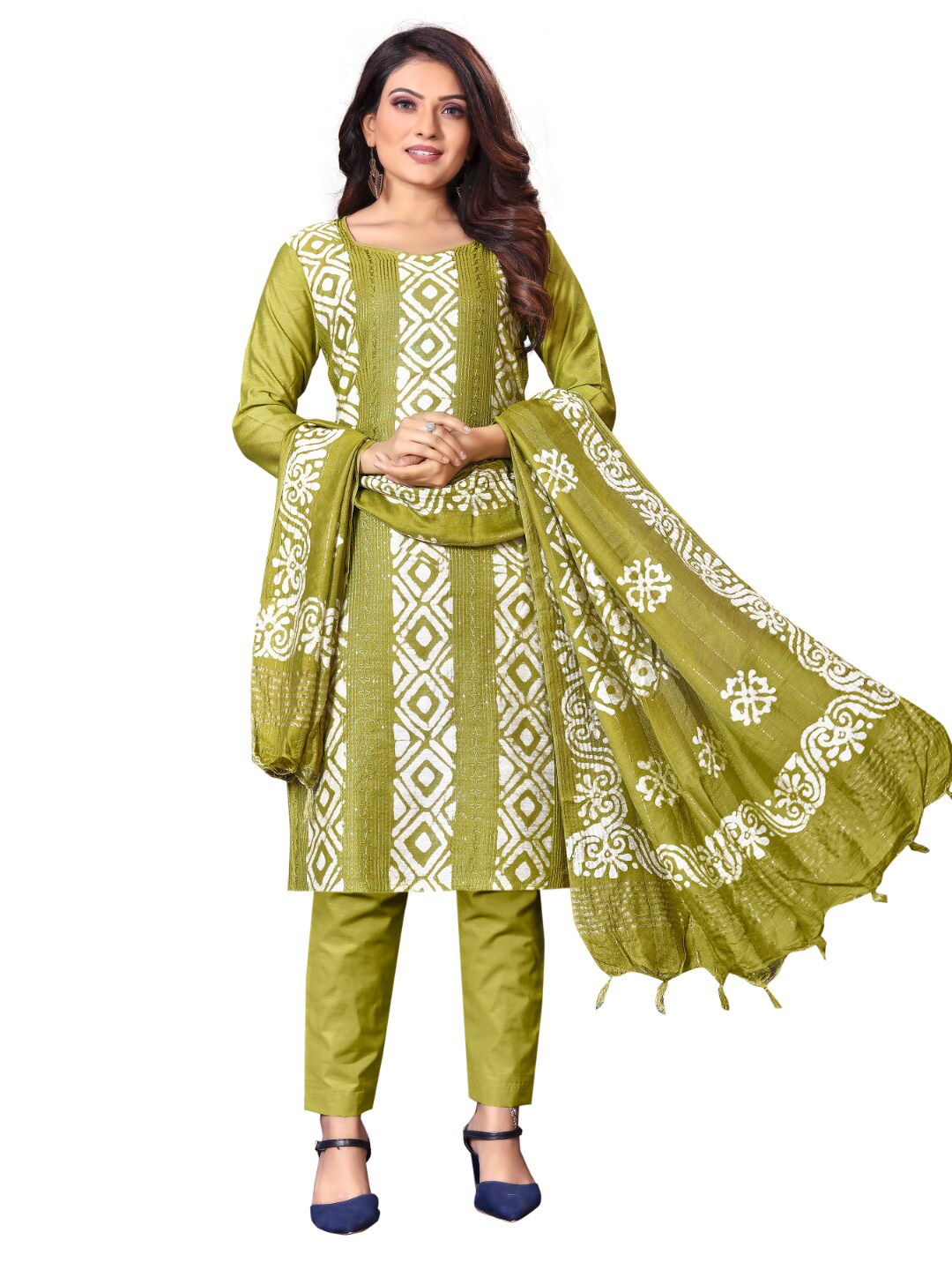 

Angroop Geometric Printed Unstitched Dress Material, Olive