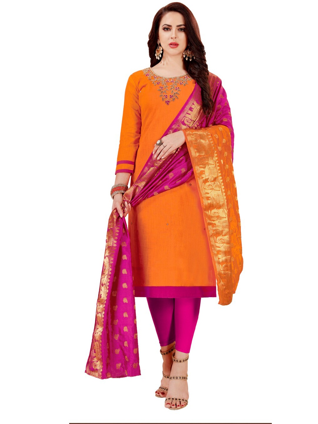 

Angroop Embellished Unstitched Dress Material, Orange