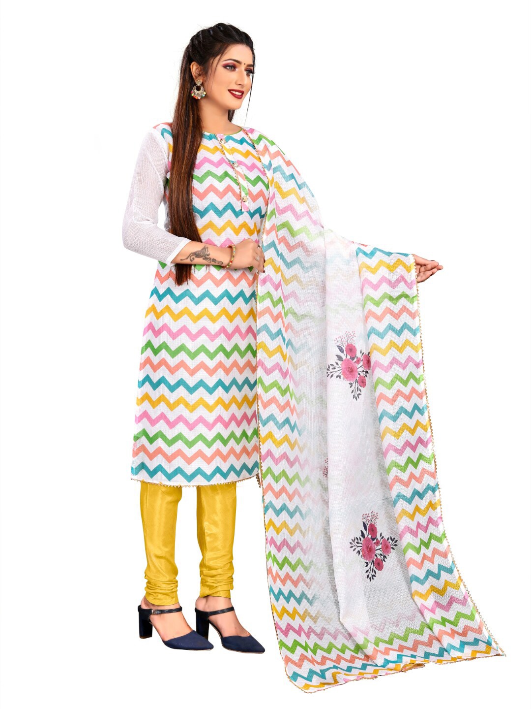 

Angroop Striped Unstitched Dress Material, White