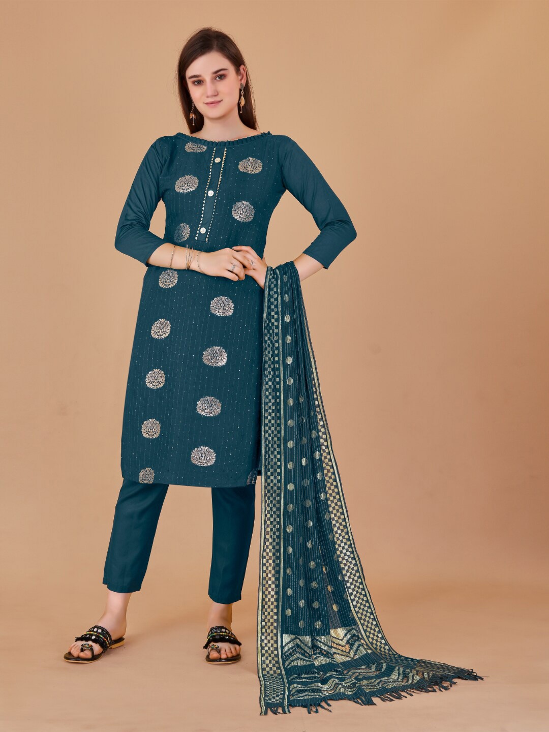 

Angroop Ethnic Motifs Printed Unstitched Dress Material, Turquoise blue