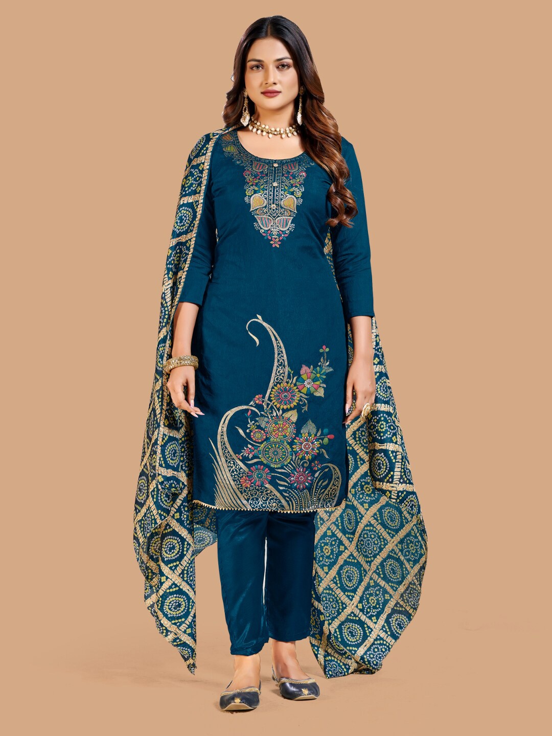 

Angroop Ethnic Motifs Printed Unstitched Dress Material, Turquoise blue