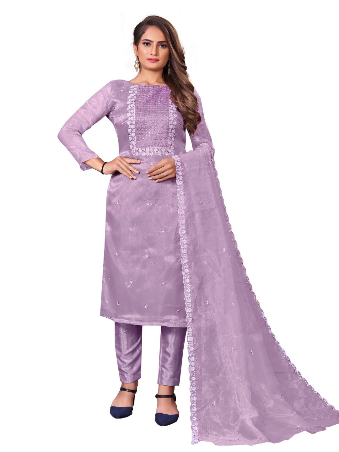 

Angroop Lavender Embroidered Organza Unstitched Dress Material