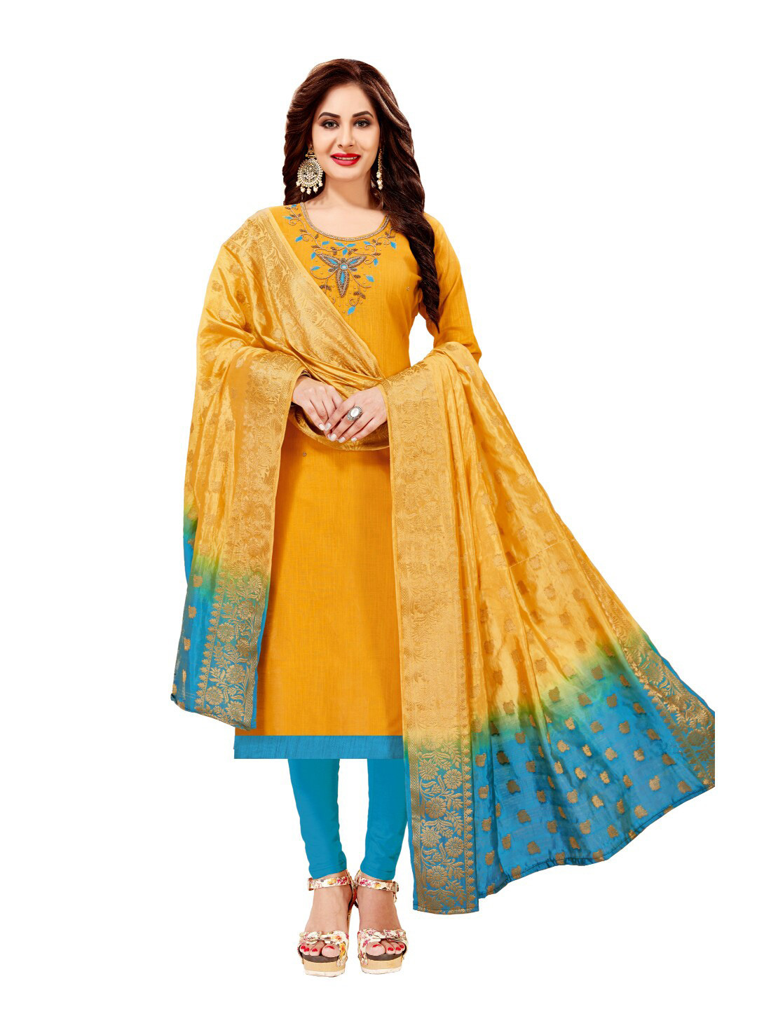 

Angroop Embellished Unstitched Dress Material, Yellow