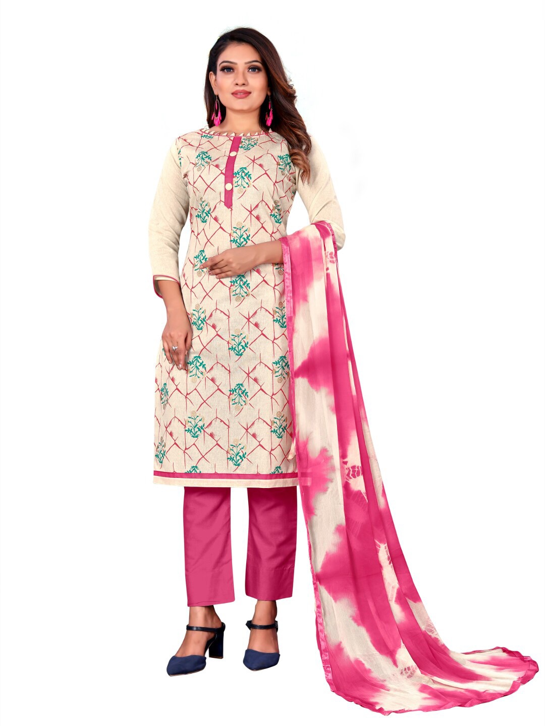 

Angroop Ethnic Motifs Printed Pure Cotton Unstitched Dress Material, Cream