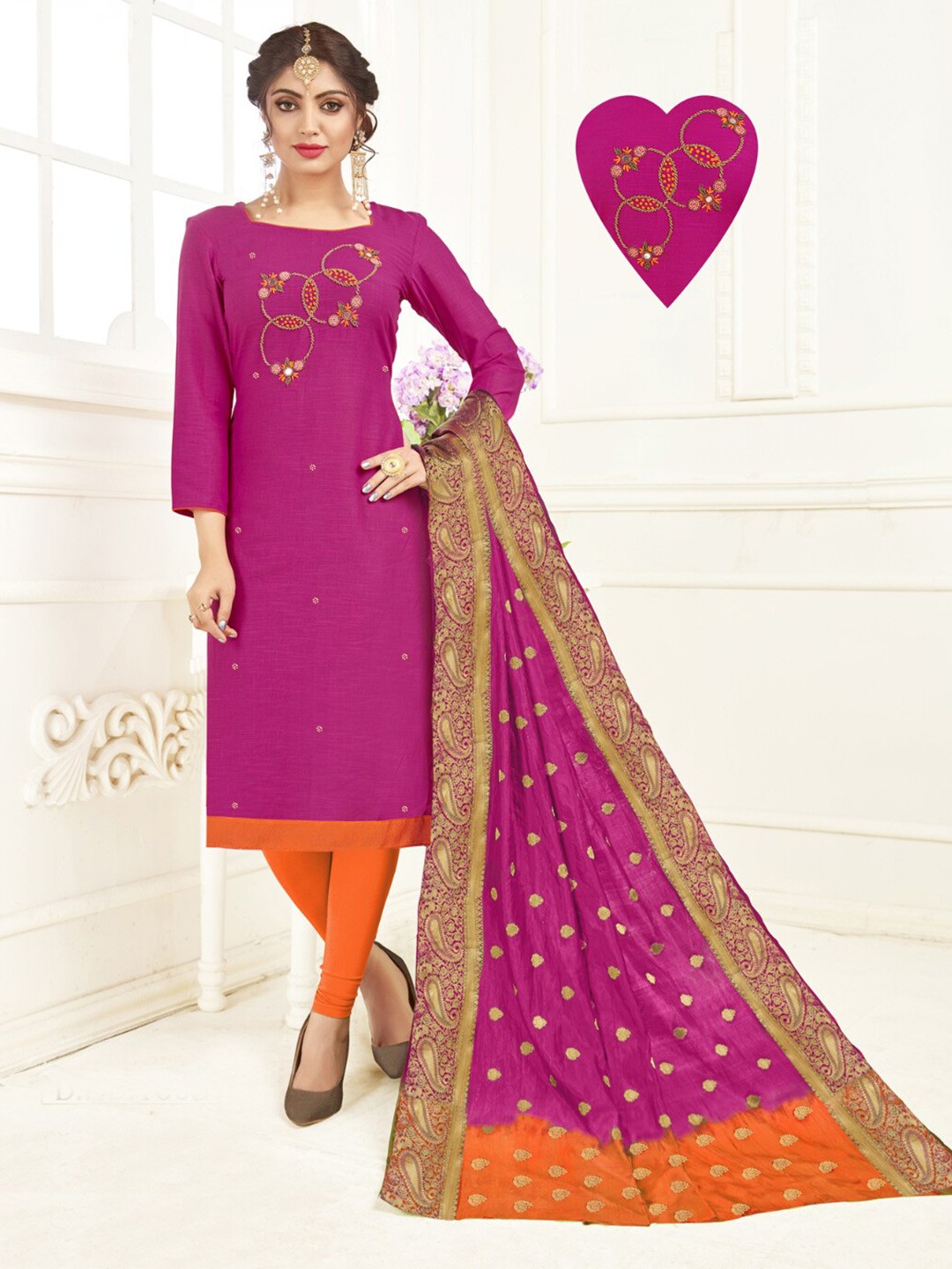 

Angroop Floral Embroidered Unstitched Dress Material, Pink