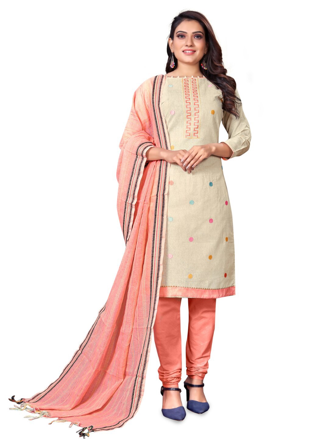 

Angroop Geometric Embroidered Pure Cotton Unstitched Dress Material, Cream