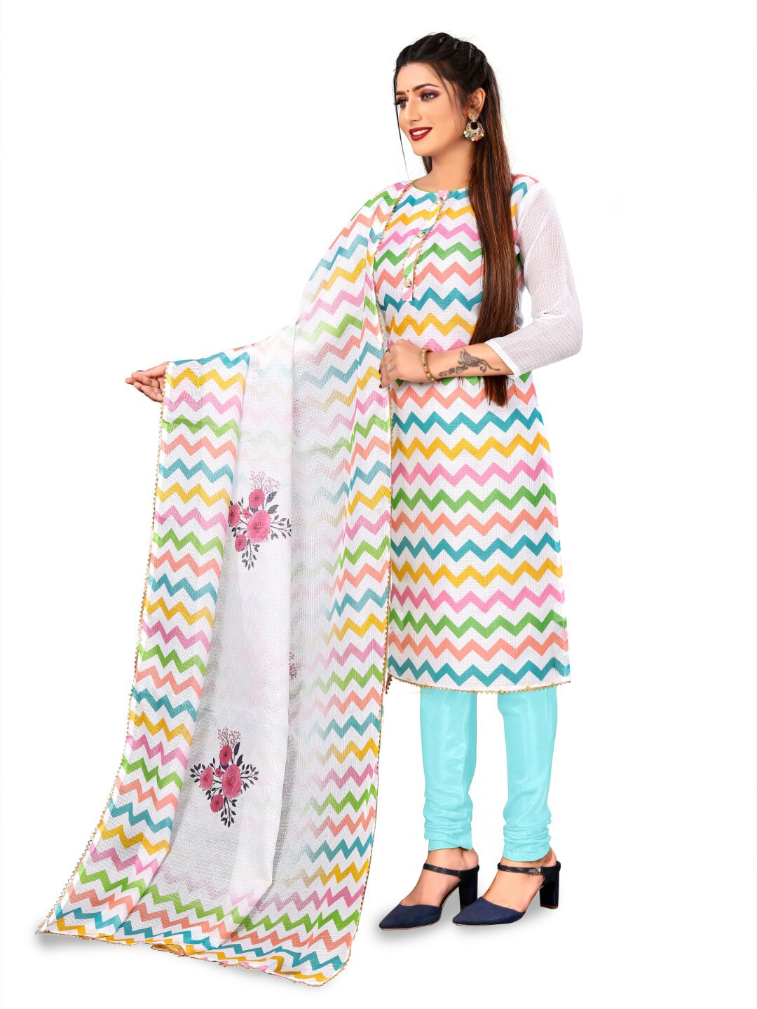 

Angroop Striped Unstitched Dress Material, White