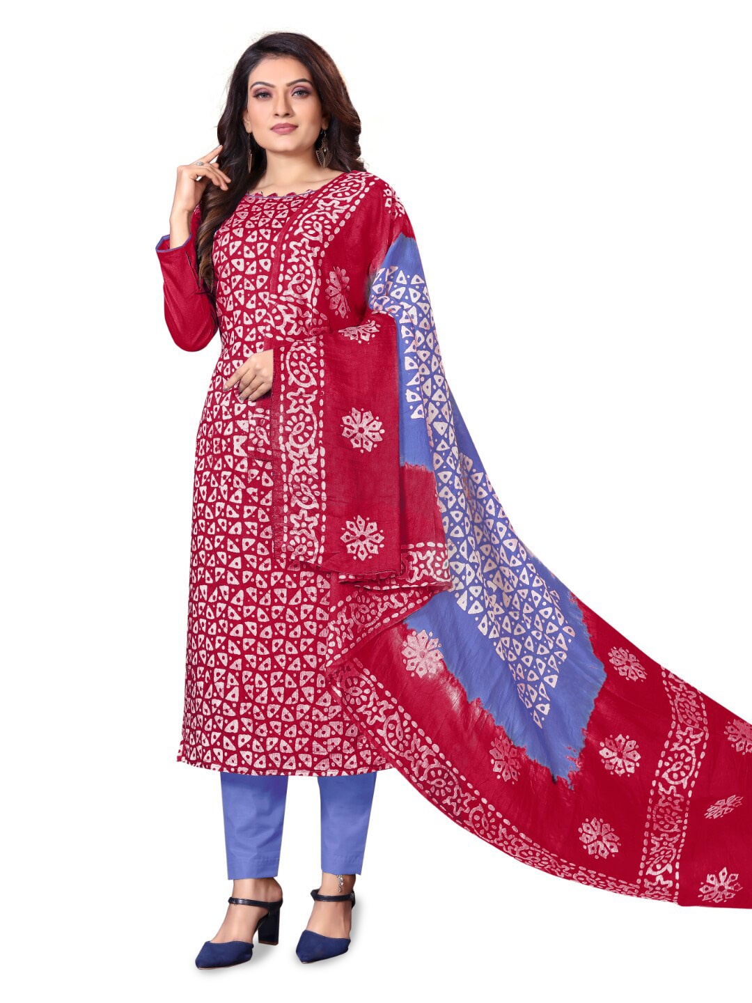 

Angroop Batik Printed Unstitched Dress Material, Red