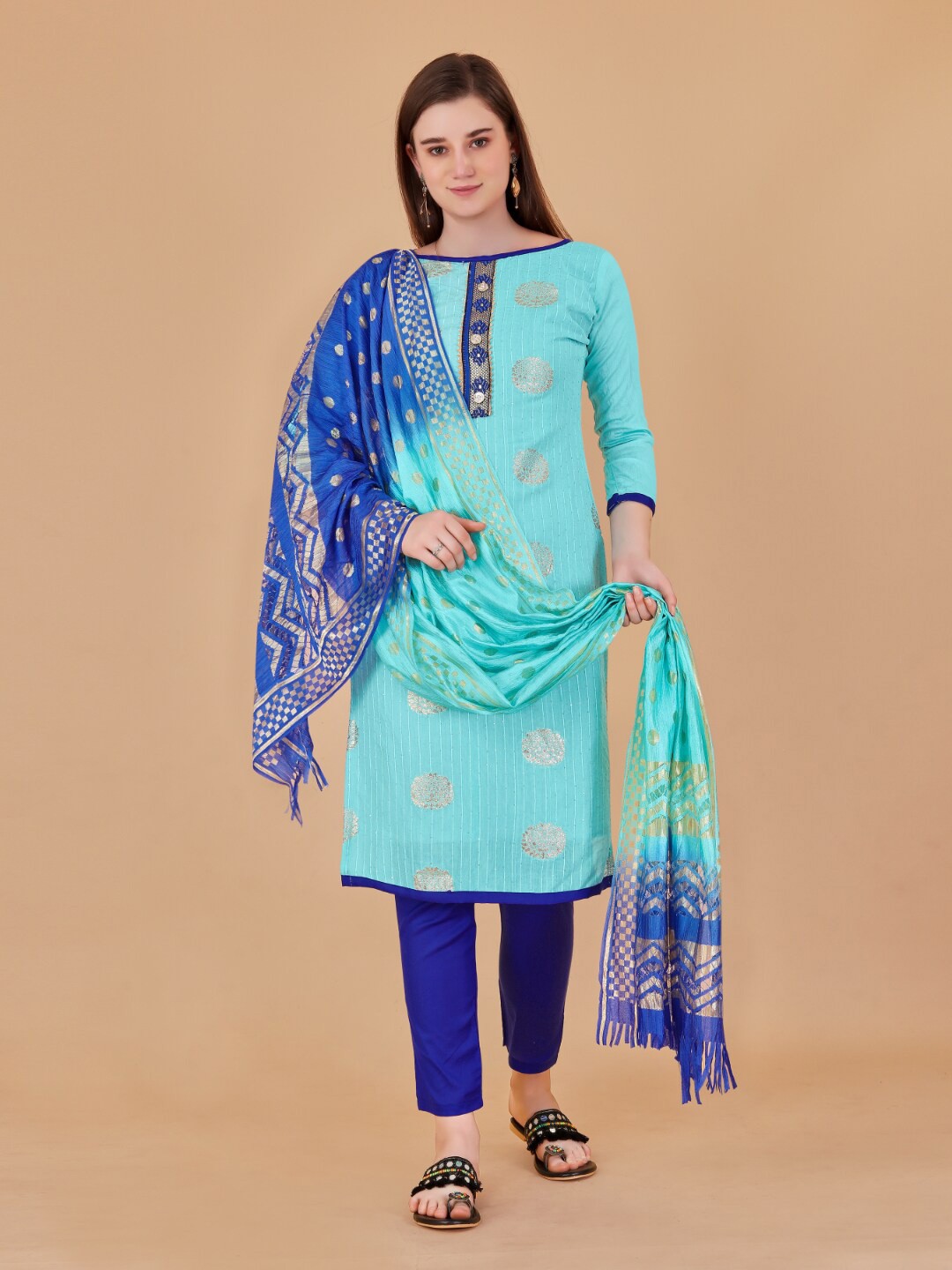 

Angroop Woven Design Sequinned Unstitched Dress Material, Blue
