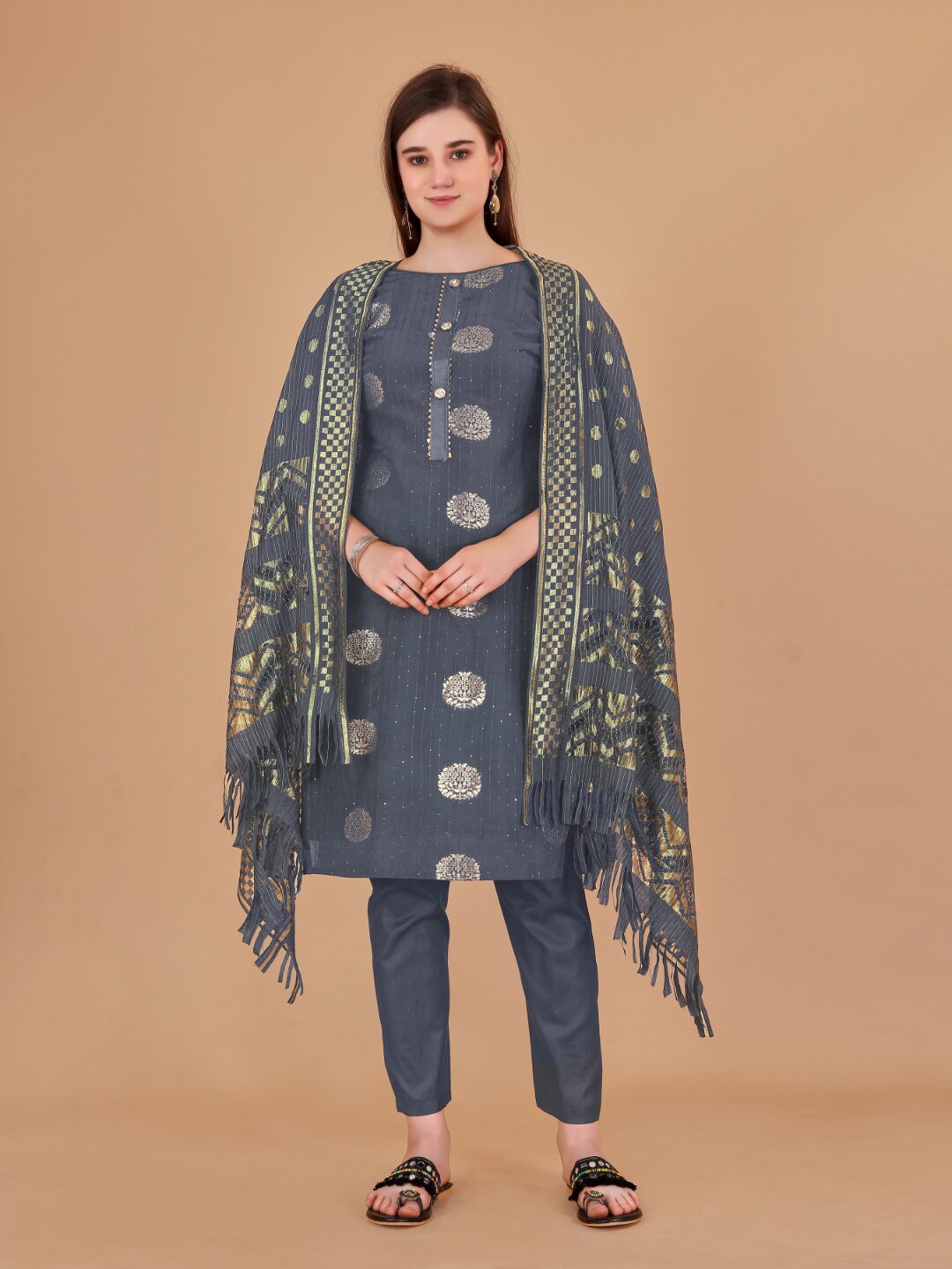 

Angroop Woven Design Sequinned Unstitched Dress Material, Grey