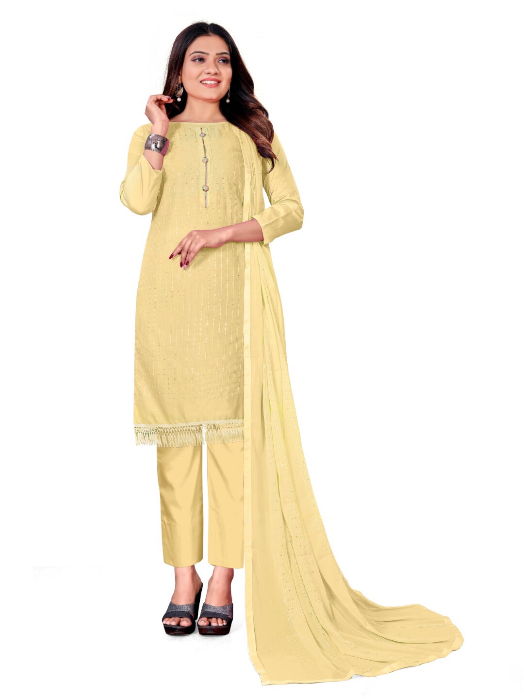 

Angroop Embellished Sequinned Unstitched Dress Material, Yellow