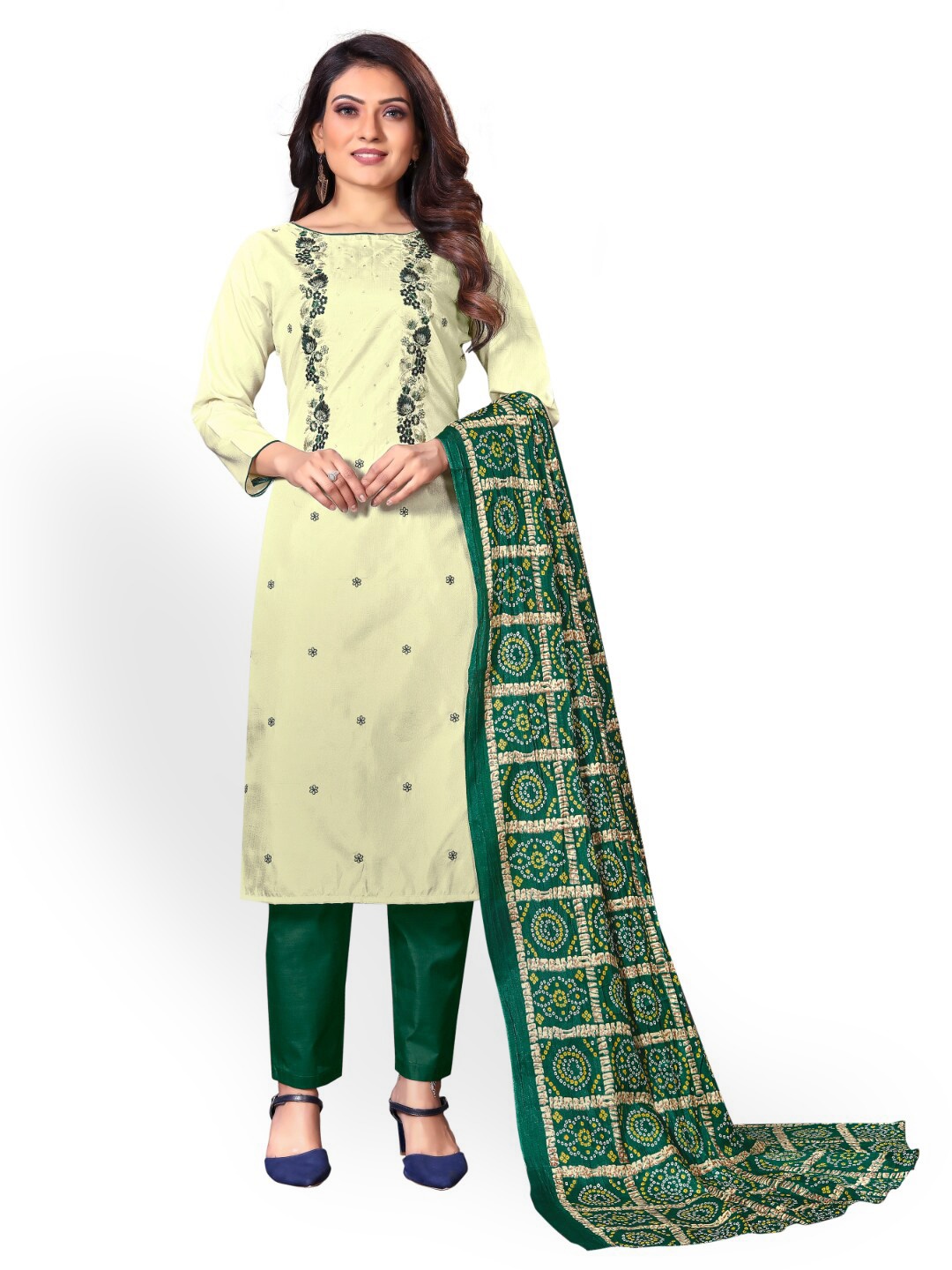 

Angroop Embroidered Art Silk Unstitched Dress Material, Lime green