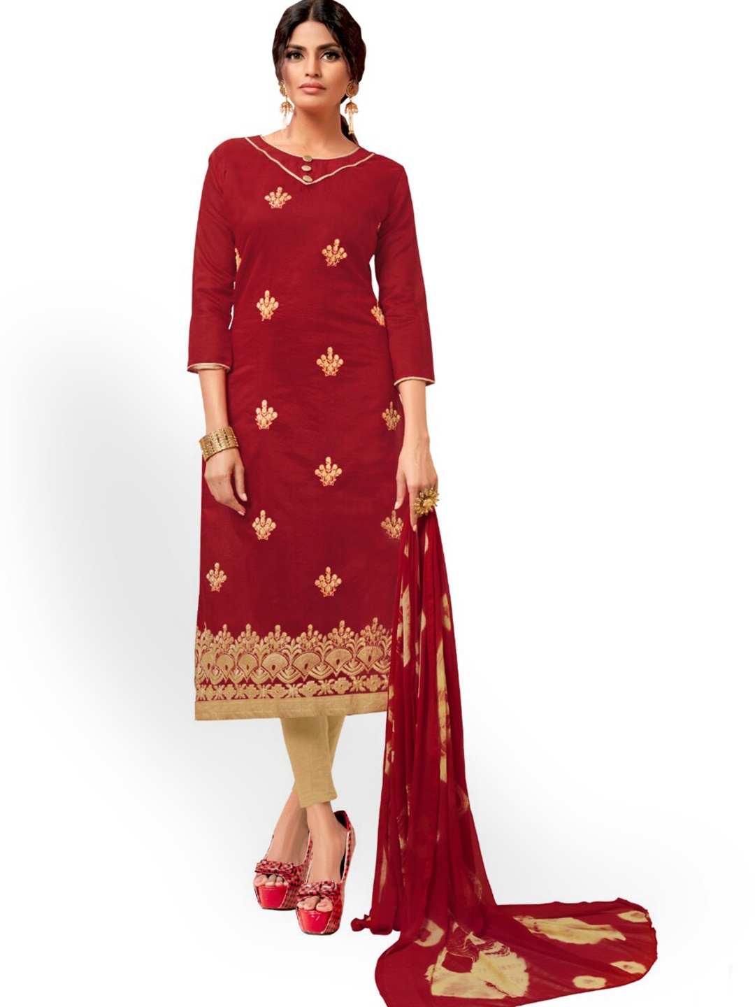 

Angroop Woven Design Art Silk Unstitched Dress Material, Red