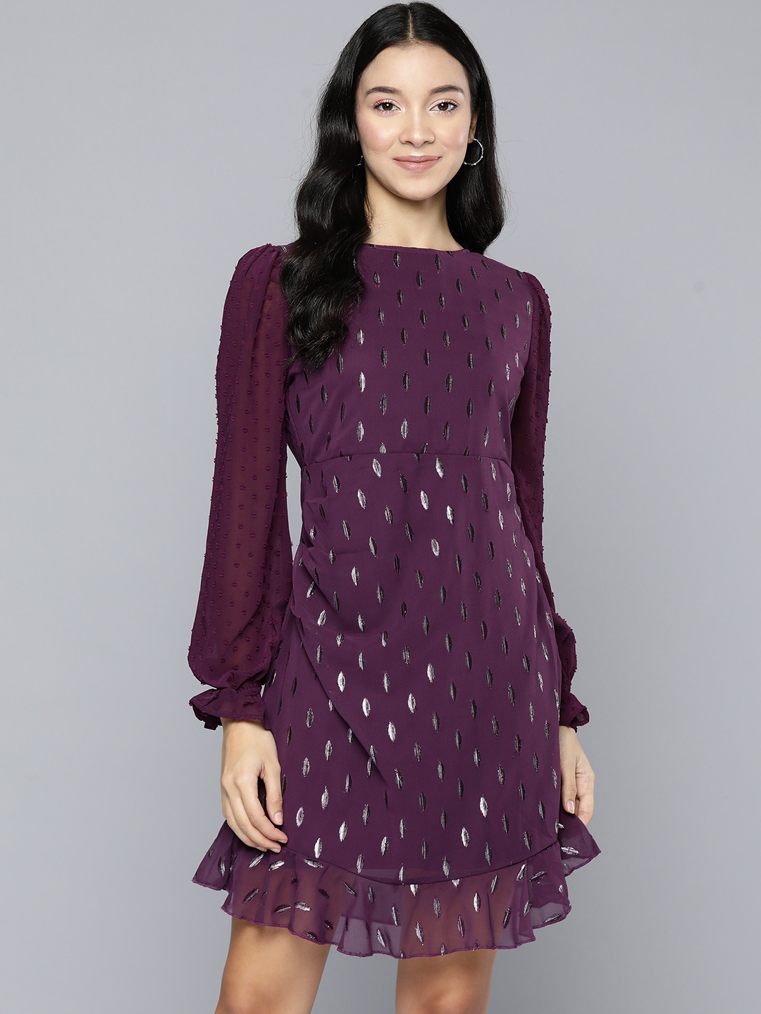 

Tokyo Talkies Self Design Dobby Puff Sleeve A-Line Dress, Purple