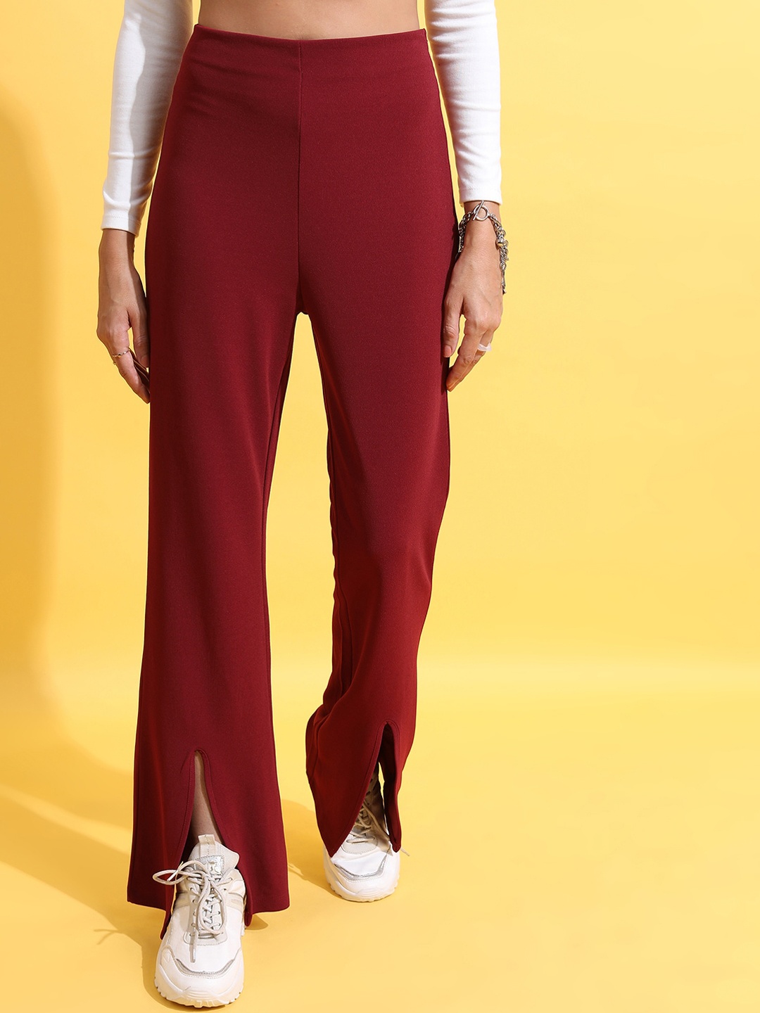 

Tokyo Talkies Women Maroon Bell Bottom Slit Trousers