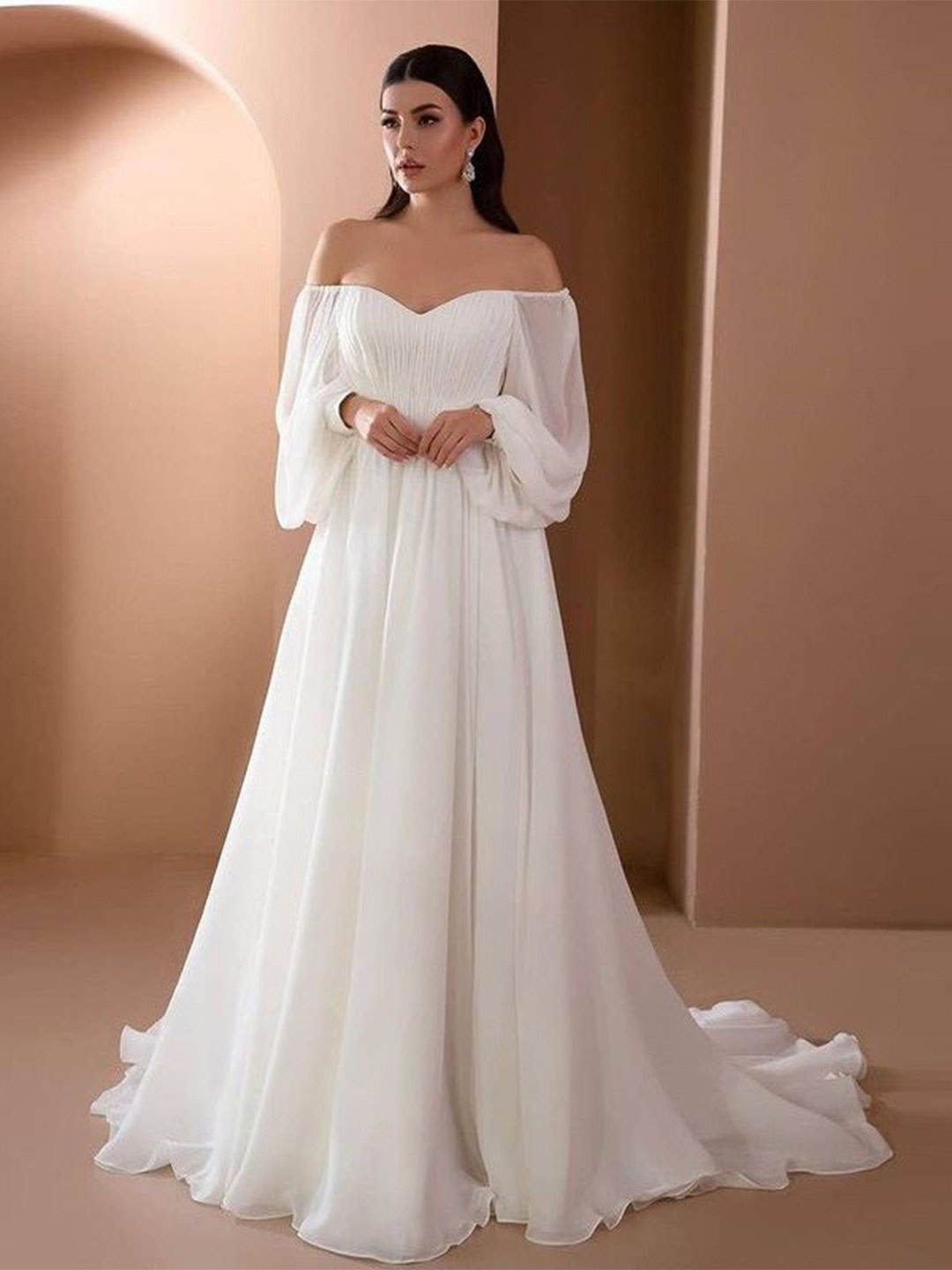

BoStreet White Gathered Off-Shoulder Gown Maxi Dress