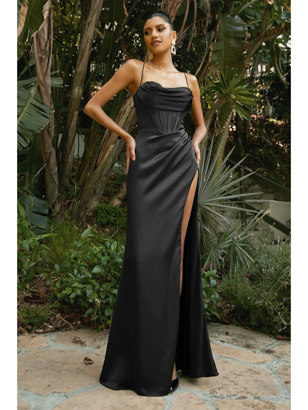 

BoStreet Black Shoulder Straps Side slit Slip Maxi Dress