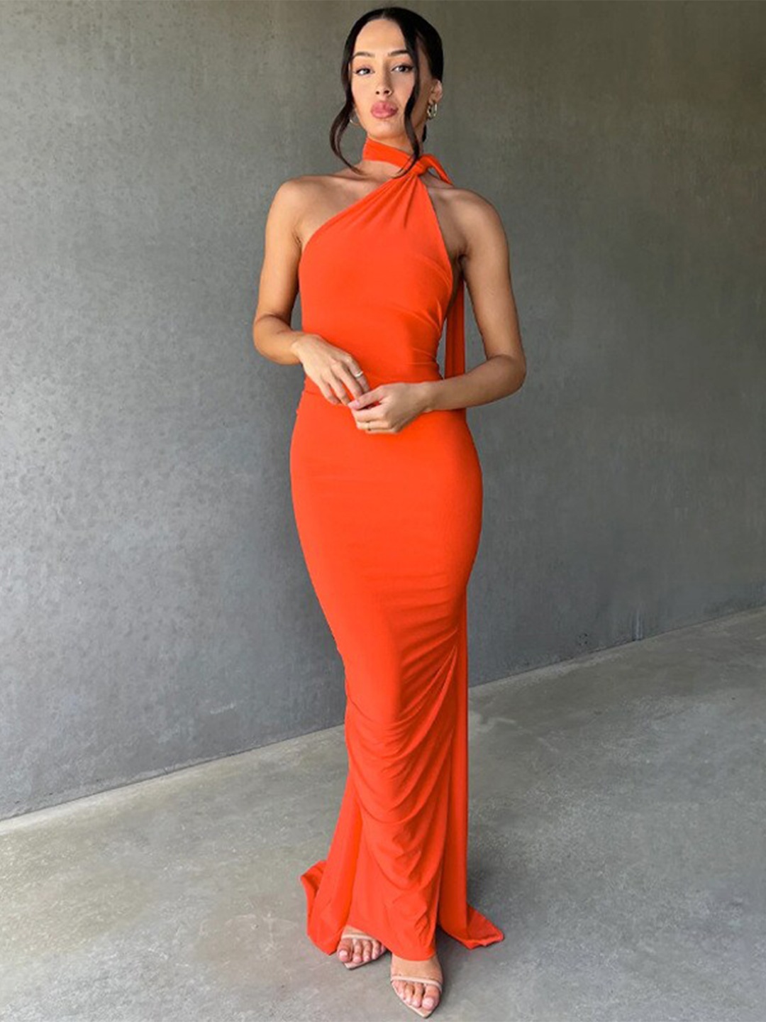 

BoStreet Halter Neck Bodycon Maxi Dress, Orange