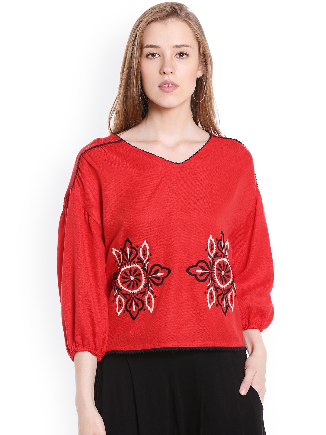 

Fusion Beats Women Red Embroidered Top