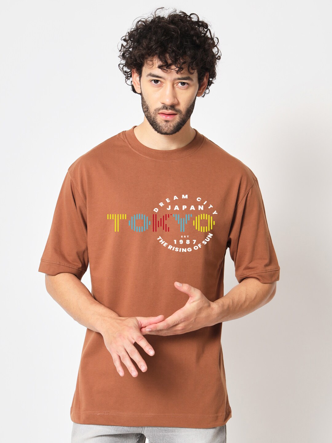 

Imsa Moda Men Printed Cotton Oversized T-shirt, Coffee brown