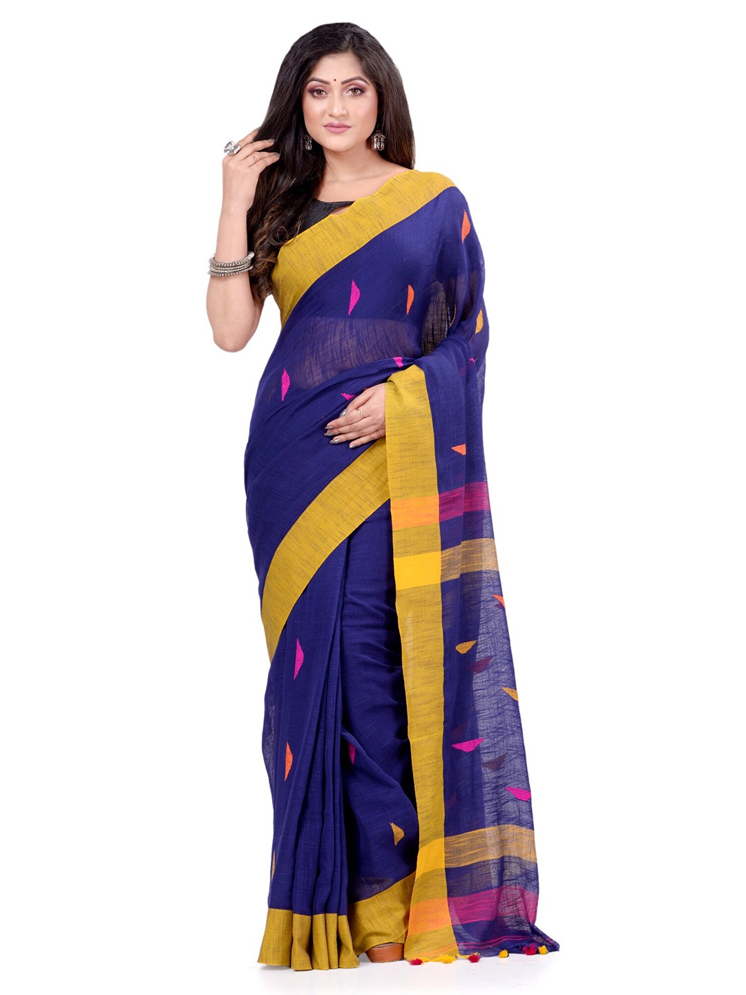 

DESH BIDESH Woven Design Pure Cotton Traditional Taant Saree, Blue