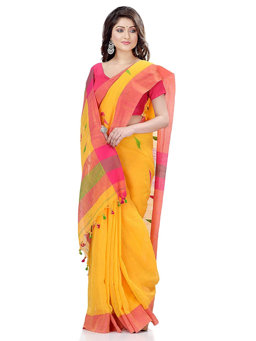 

DESH BIDESH Woven Design Pure Cotton Traditional Taant Saree, Yellow