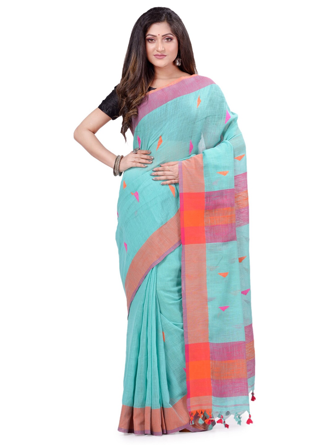 

DESH BIDESH Woven Design Pure Cotton Traditional Taant Saree, Turquoise blue