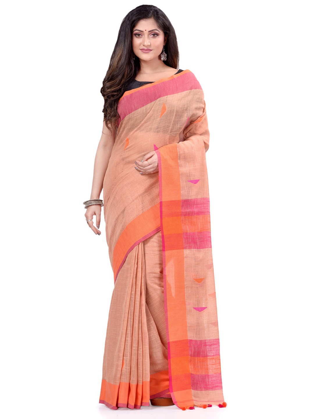 

DESH BIDESH Woven Design Pure Cotton Traditional Taant Saree, Cream