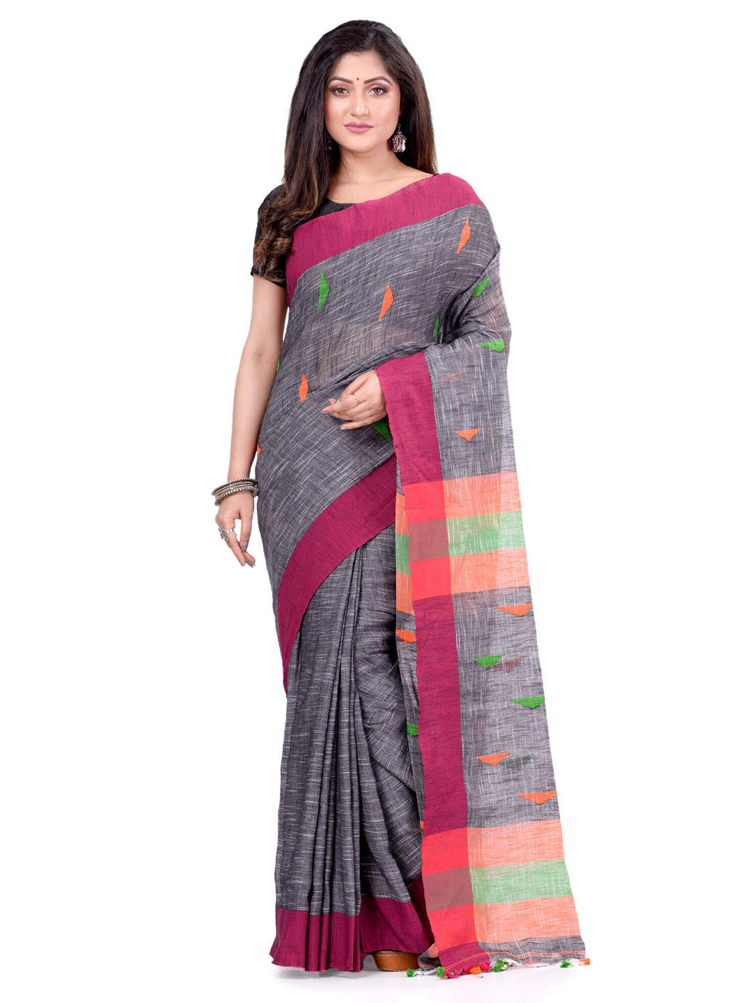 

DESH BIDESH Woven Design Pure Cotton Traditional Taant Saree, Grey