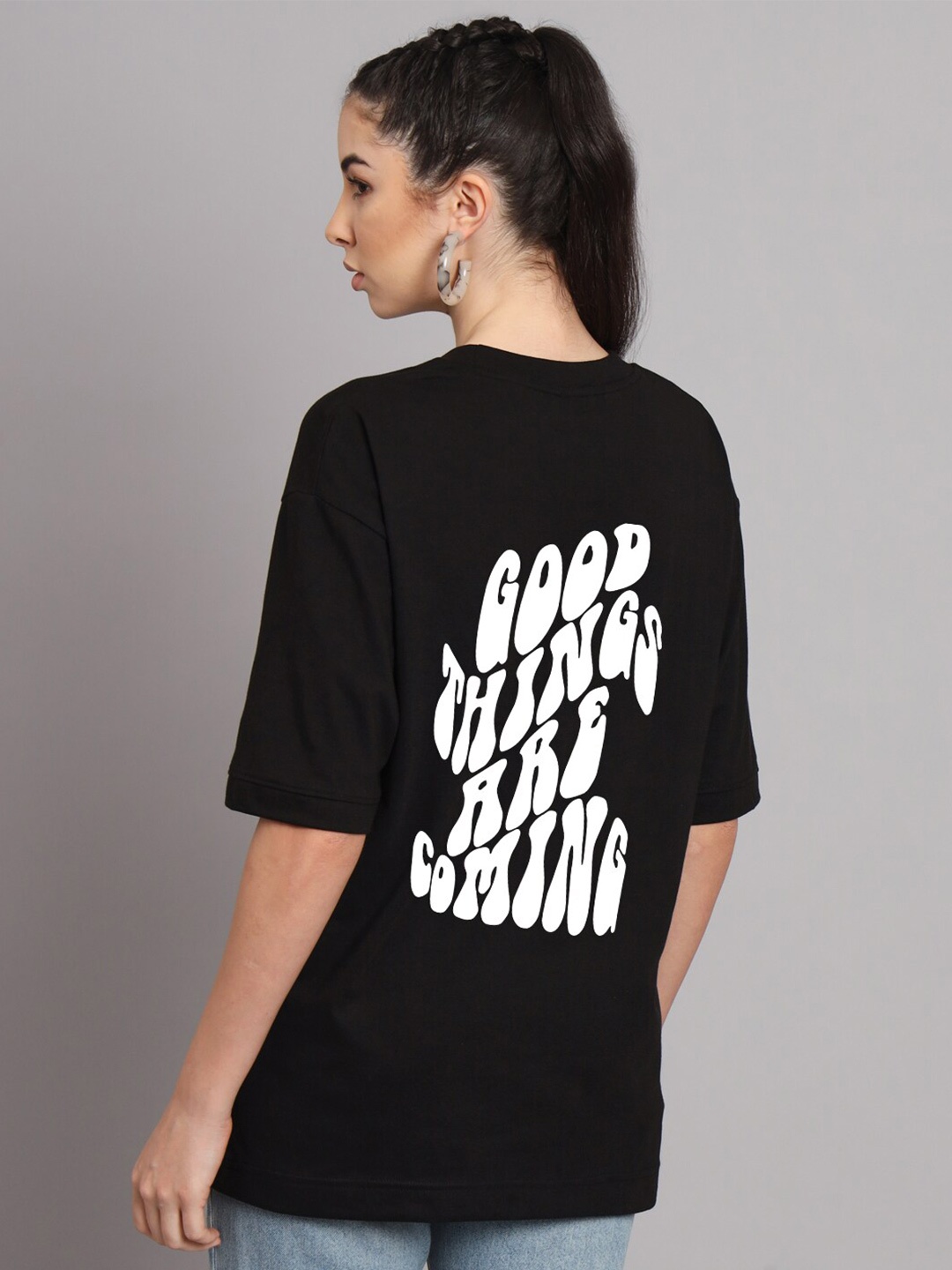 Imsa Moda Women Printed Cotton Oversized T-shirt, Black