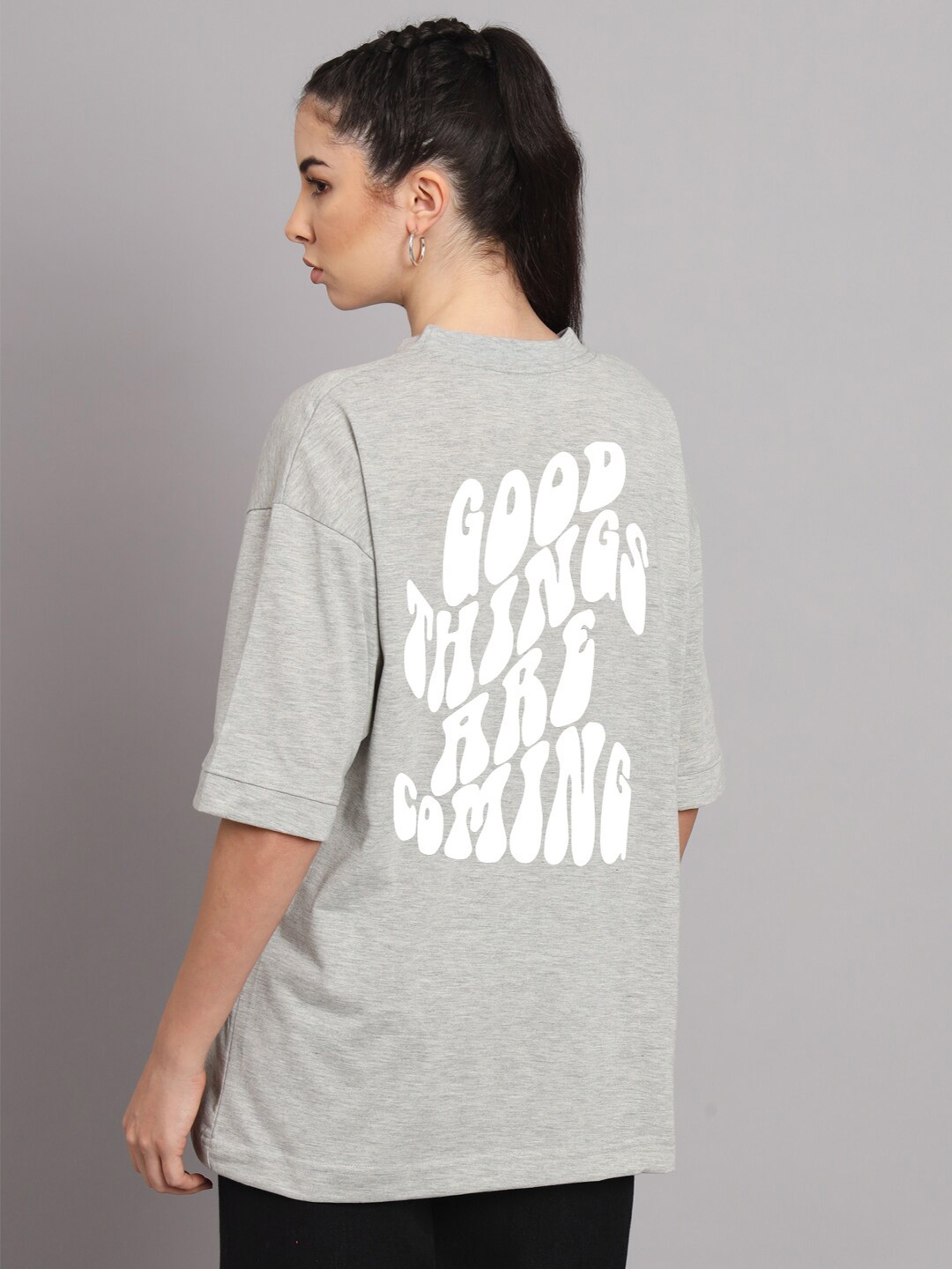 

Imsa Moda Typography Printed Cotton Oversized Longline T-shirt, Grey