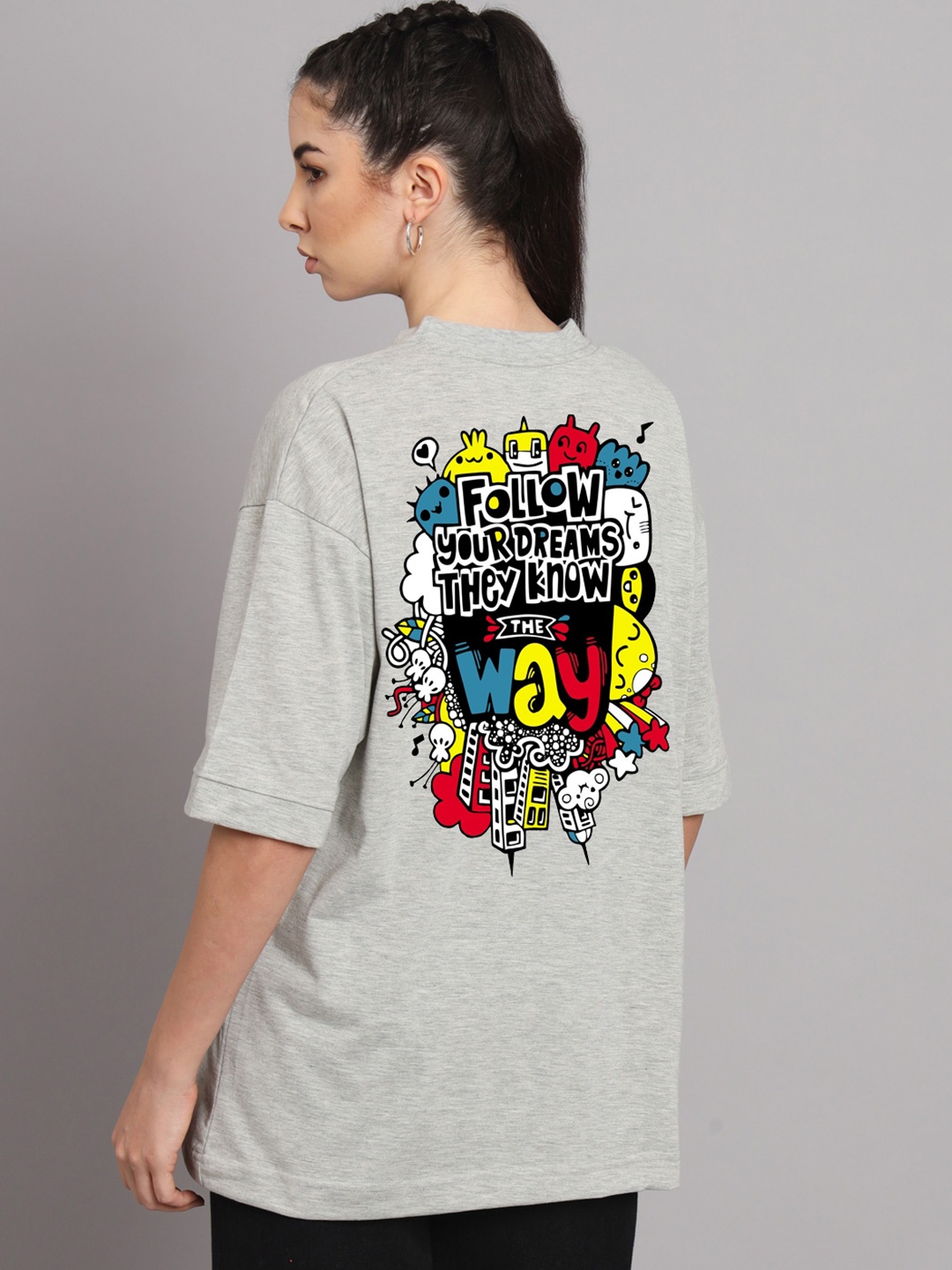 

Imsa Moda Typography Printed Cotton Oversized T-shirt, Grey melange