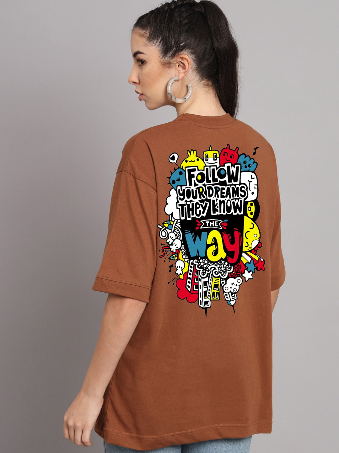 

Imsa Moda Typography Printed Cotton Oversized T-shirt, Coffee brown