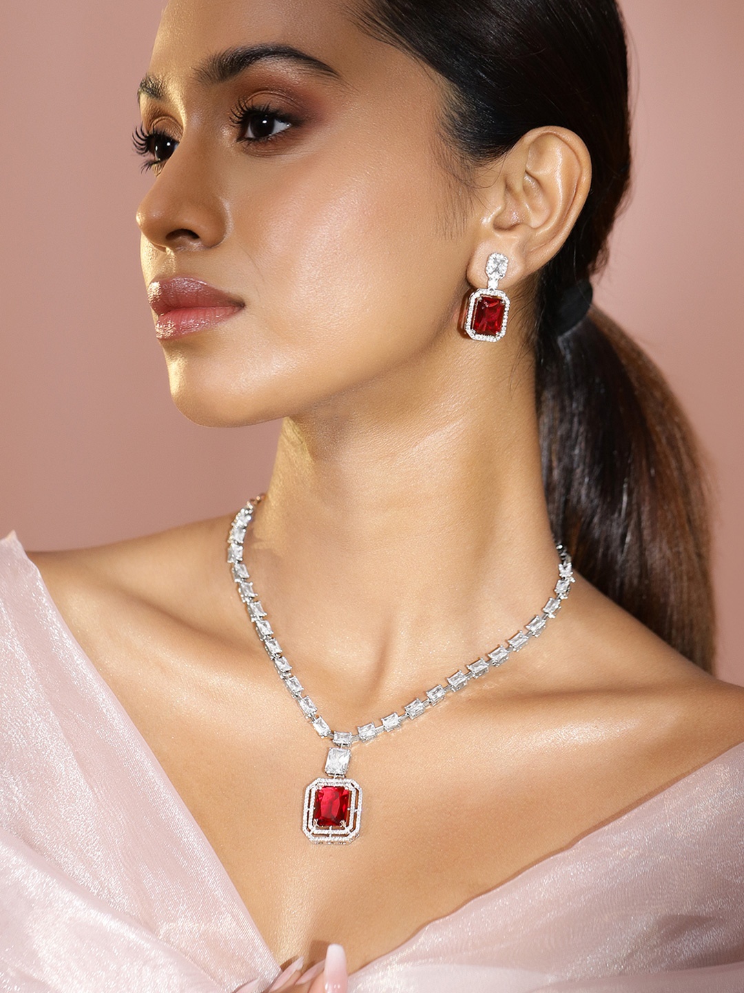 

Rubans Rhodium-Plated Ruby Red & White Cubic Zirconia Studded Necklace Set, Silver