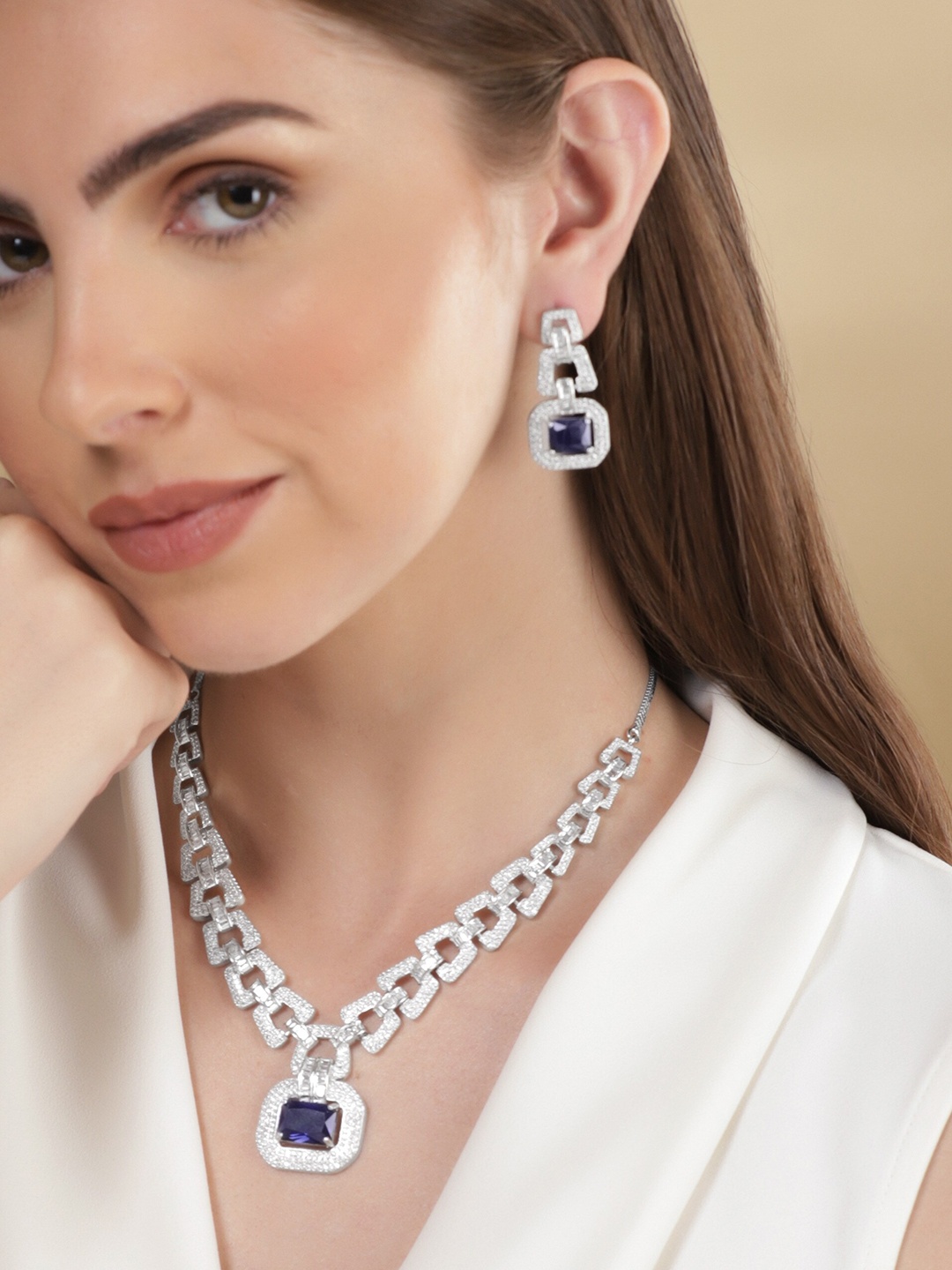 

Rubans Rhodium-Plated CZ Studded Necklace & Earrings, Silver
