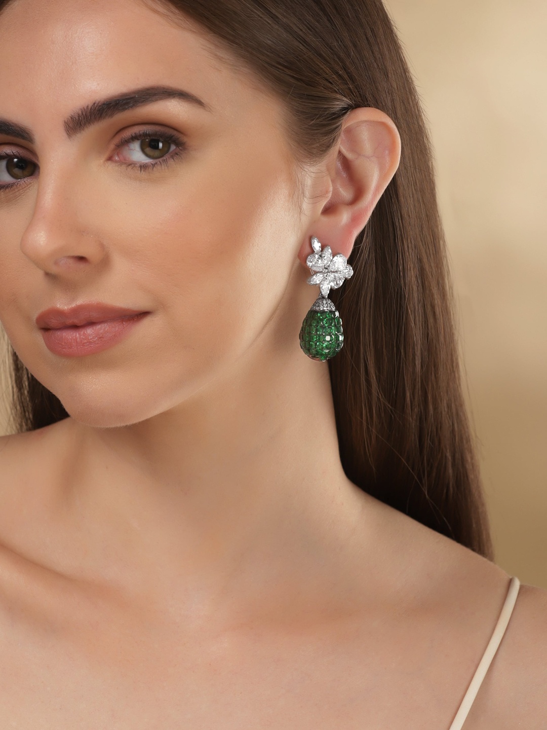 

Rubans Rhodium-Plated Zircon Studded Teardrop Shaped Drop Earrings, Green