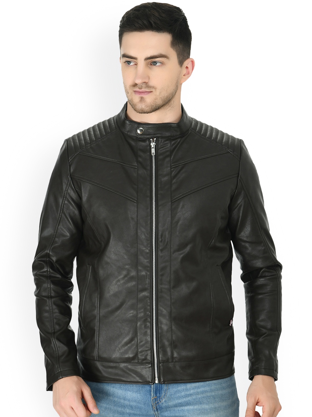 

TBOJ Men Mandarin Collar Anti Odour Leather Jacket, Brown