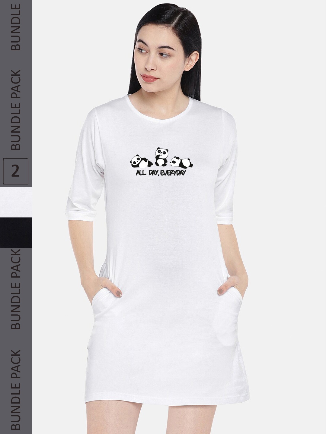 

STATUS MANTRA Pack Of 2 Printed Pure Cotton T-shirt Dress, White