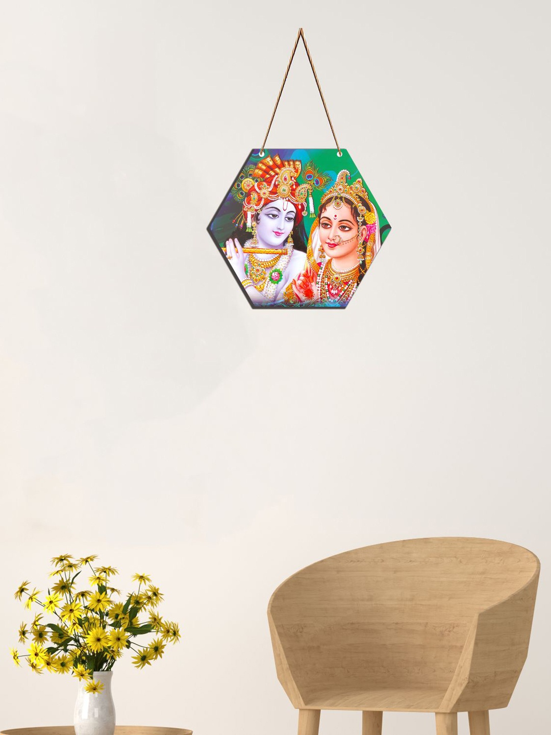 SAF Green & Red Radha Krishna Printed Hexagon Wooden Wall Hanging
