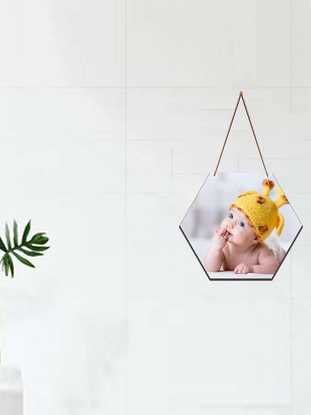 SAF White & Yellow New Born Baby Printed UV Textured Hexagon Wooden Wall Hanging
